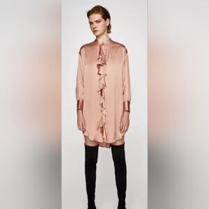 ZARA SATIN EFFECT BLUSH Elegant Pink Ruffle Dress